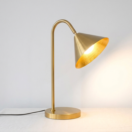 Table Lamp – Elegant Brushed Gold Cone Table Lamp with Curved Arm | Luxury Modern Reading and Office Lighting