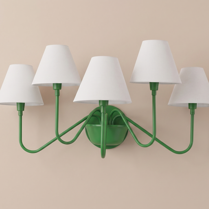 Green 5 Light Wall Sconce, Modern Green Wall Lamp with White Shades, Statement Wall Lighting, Contemporary Bedroom and Living Room Light