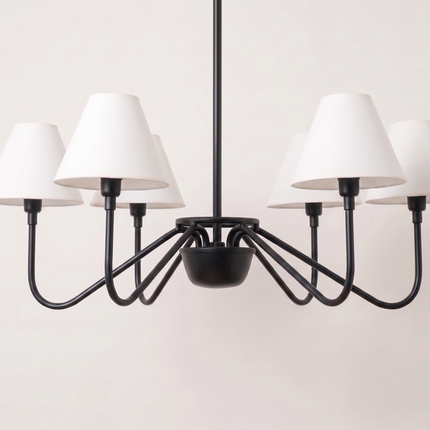 Matte Black Light Chandelier with White Linen Shades | Modern Ceiling Hanging Light Fixture for Dining Room & Kitchen Island