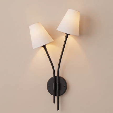Matte Black 2 Light Wall Sconce, Double Arm Wall Lamp with White Fabric Shades, Modern Bedroom Lighting Contemporary Wall Light Elegant Home