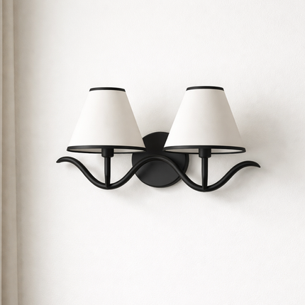 Wall Sconce Modern Curved Arm Double , Black Wall Lamp with White Shades, Bedside Reading Light, Living Room and Entryway Decor