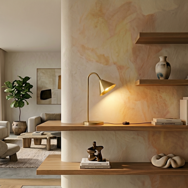 Table Lamp – Elegant Brushed Gold Cone Table Lamp with Curved Arm | Luxury Modern Reading and Office Lighting