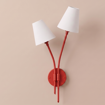 Wall Light Matte Red Designer Double Arm Sconce, Scandinavian Modern Wall Fixture with Elegant Cone Shades for Luxury Interior Styling