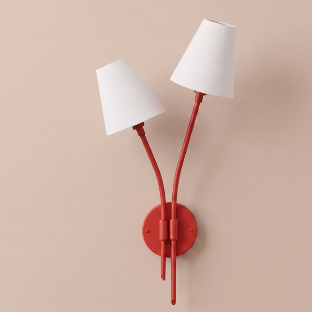 Wall Light Matte Red Designer Double Arm Sconce, Scandinavian Modern Wall Fixture with Elegant Cone Shades for Luxury Interior Styling