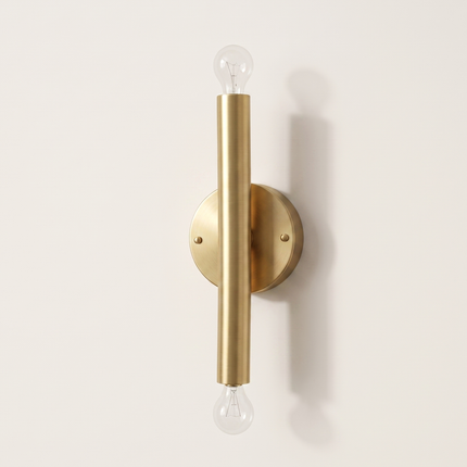 Wall Sconce Gold Double Bulb Lighting Fixture – Minimalist Brass Wall Lamp for Bedroom, Living Room, Hallway, Staircase & Interior Decor.