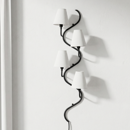 Vertical Black Wall Sconce 5 Light Fixture, Modern Curved Wall Lamp for Staircase, Hallway & Living Room