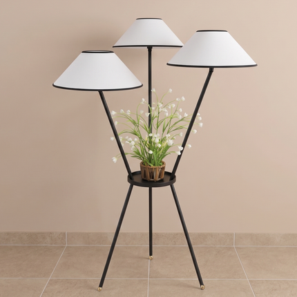 Floor Lamp Tripod with Built-In Plant Stand, Modern Botanical Light, Matte Black Metal Standing Lamp for Room, Sunroom Reading Corner Decor.