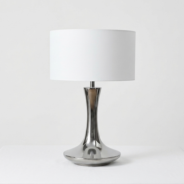 Table Lamp – Modern Metallic Silver Tulip Base Table Lamp with Large Fabric Drum Shade | Sophisticated Contemporary Interior Lighting