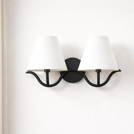 Wall Sconce with Modern Black Double White Fabric Shades, Bedroom Bedside Wall Lamp, Living Room, Hallway, Bathroom Vanity Light Fixture