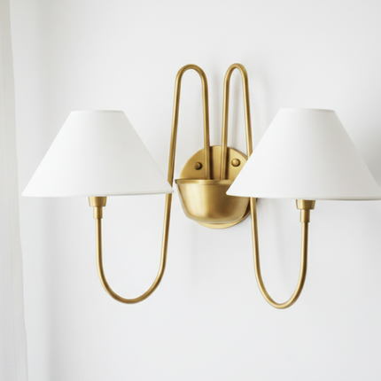 Wall Light Brushed Brass Double Arm Designer Sconce, Mid Century Modern Luxury Wall Fixture with White Linen Shades for Interiors