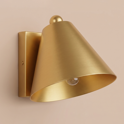 Gold Brass Wall Sconce, Modern Cone Wall Lamp, Mid Century Bedroom Light, Handmade Metal Wall Light, Bedside Light cone-shaped metal shade.