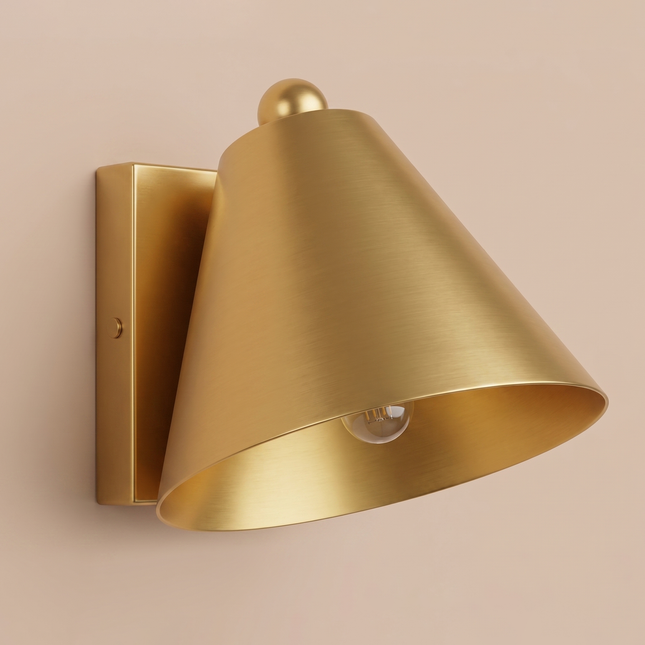 Gold Brass Wall Sconce, Modern Cone Wall Lamp, Mid Century Bedroom Light, Handmade Metal Wall Light, Bedside Light cone-shaped metal shade.