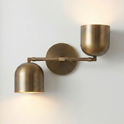 Wall Light Contemporary Gold Brass Pivot Arm Sconce, Minimalist Dual Metal Shade Wall Lamp for Elegant Modern Interior Design