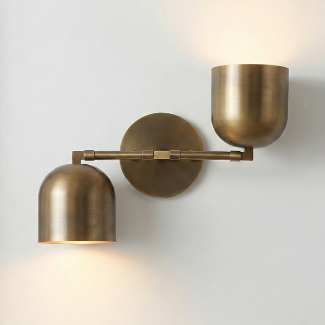 Wall Light Contemporary Gold Brass Pivot Arm Sconce, Minimalist Dual Metal Shade Wall Lamp for Elegant Modern Interior Design