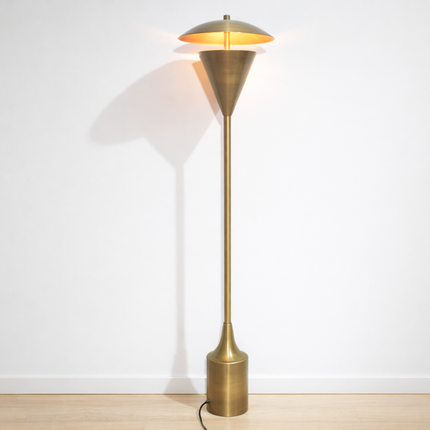 Floor Lamp in Brass Gold Color Modern Scandinavian Lamp with Floating Disc Shade and Warm Ambient Lighting for Luxury Living Room Decor