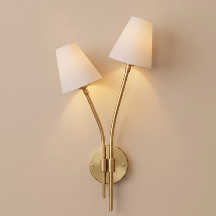 Gold Brass Double Wall Sconce, Elegant 2 Light Wall Lamp with White Shades, Luxury Bedroom Living Room Lighting Fixture Wall Décor for Home