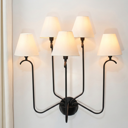 Wall Light Modern Matte Black Five Arm Fixture, Luxury Multi Shade Wall Lamp with Elegant White Fabric Shades for Living Room & Bedroom