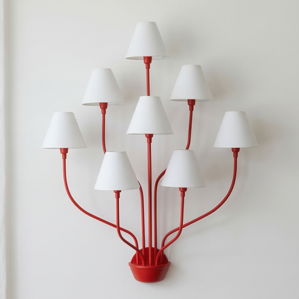 Wall Light – Bold Modern Red 8-Light Designer Wall Sconce with White Fabric Lampshades. Statement Wall Lighting Fixture for Luxury Interiors