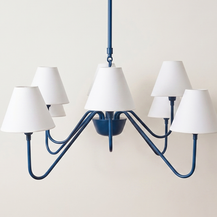 Modern Blue 8 Light Chandelier with White Fabric Shades | Contemporary Ceiling Pendant Light for Dining Room & Living Room
