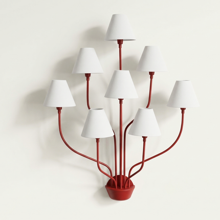 Wall Light – Bold Modern Red 8-Light Designer Wall Sconce with White Fabric Lampshades. Statement Wall Lighting Fixture for Luxury Interiors