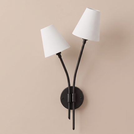 Matte Black 2 Light Wall Sconce, Double Arm Wall Lamp with White Fabric Shades, Modern Bedroom Lighting Contemporary Wall Light Elegant Home