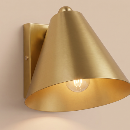 Gold Brass Wall Sconce, Modern Cone Wall Lamp, Mid Century Bedroom Light, Handmade Metal Wall Light, Bedside Light cone-shaped metal shade.