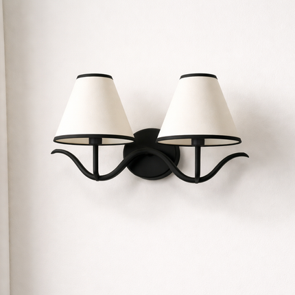 Wall Sconce Modern Curved Arm Double , Black Wall Lamp with White Shades, Bedside Reading Light, Living Room and Entryway Decor