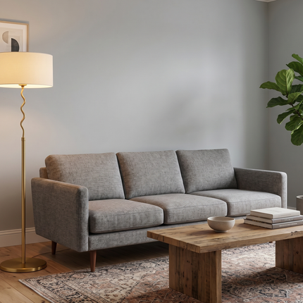 Floor Lamp Modern Gold brass White Drum Shade Wavy Stem Standing Lamp, Contemporary Living Room Floor Light, Bedroom Corner Floor Lamp Decor
