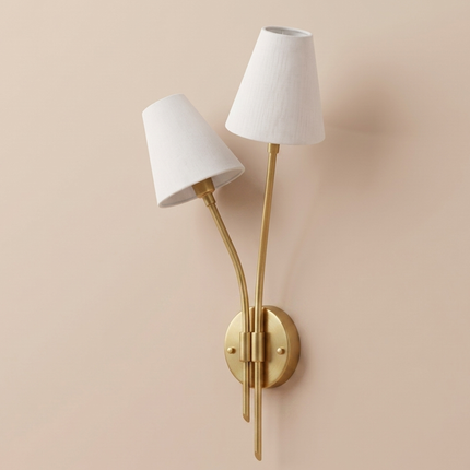 Gold Brass Double Wall Sconce, Elegant 2 Light Wall Lamp with White Shades, Luxury Bedroom Living Room Lighting Fixture Wall Décor for Home