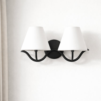 Wall Sconce with Modern Black Double White Fabric Shades, Bedroom Bedside Wall Lamp, Living Room, Hallway, Bathroom Vanity Light Fixture