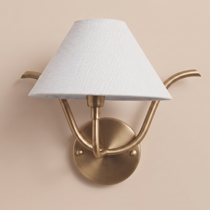 Antique Brass Wall Sconce, Light Wall Lamp, Curved Arm Lighting, White Fabric Shade, Modern Bedroom Sconce, Hallway & Living Room Light
