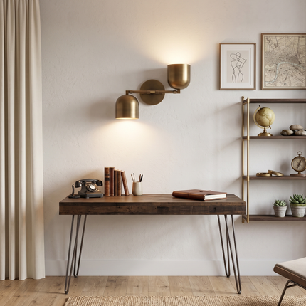 Wall Light Contemporary Gold Brass Pivot Arm Sconce, Minimalist Dual Metal Shade Wall Lamp for Elegant Modern Interior Design