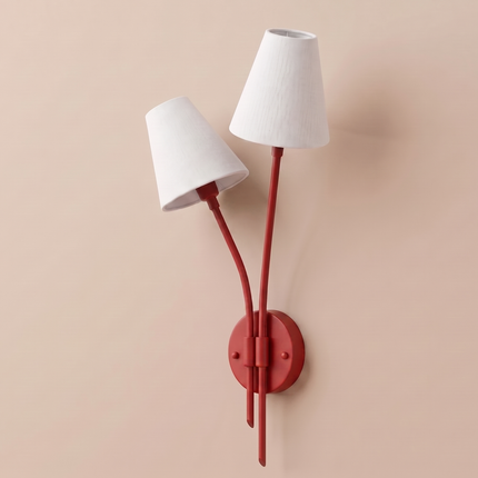 Wall Light Matte Red Designer Double Arm Sconce, Scandinavian Modern Wall Fixture with Elegant Cone Shades for Luxury Interior Styling