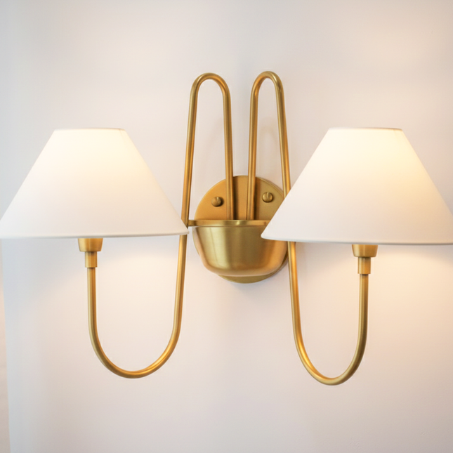 Wall Light Brushed Brass Double Arm Designer Sconce, Mid Century Modern Luxury Wall Fixture with White Linen Shades for Interiors