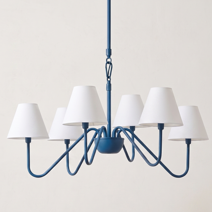 Modern Blue 8 Light Chandelier with White Fabric Shades | Contemporary Ceiling Pendant Light for Dining Room & Living Room