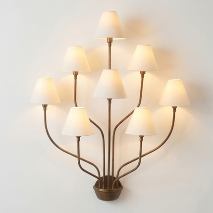 Wall Light – Luxury Antique Brass 8-Light Wall Sconce with White Fabric Shades | Wall Lighting Fixture for Living Room Bedroom Hallway Decor