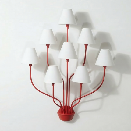 Wall Light – Bold Modern Red 8-Light Designer Wall Sconce with White Fabric Lampshades. Statement Wall Lighting Fixture for Luxury Interiors