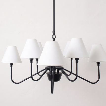 Matte Black Light Chandelier with White Linen Shades | Modern Ceiling Hanging Light Fixture for Dining Room & Kitchen Island