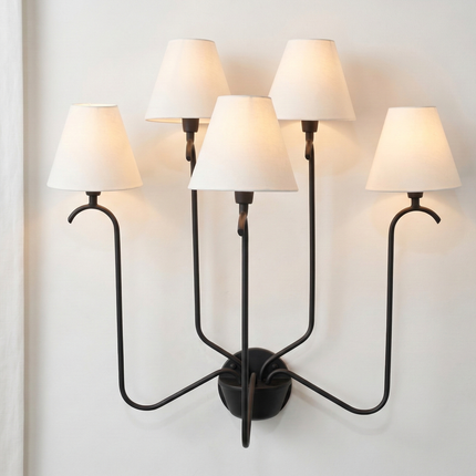 Wall Light Modern Matte Black Five Arm Fixture, Luxury Multi Shade Wall Lamp with Elegant White Fabric Shades for Living Room & Bedroom