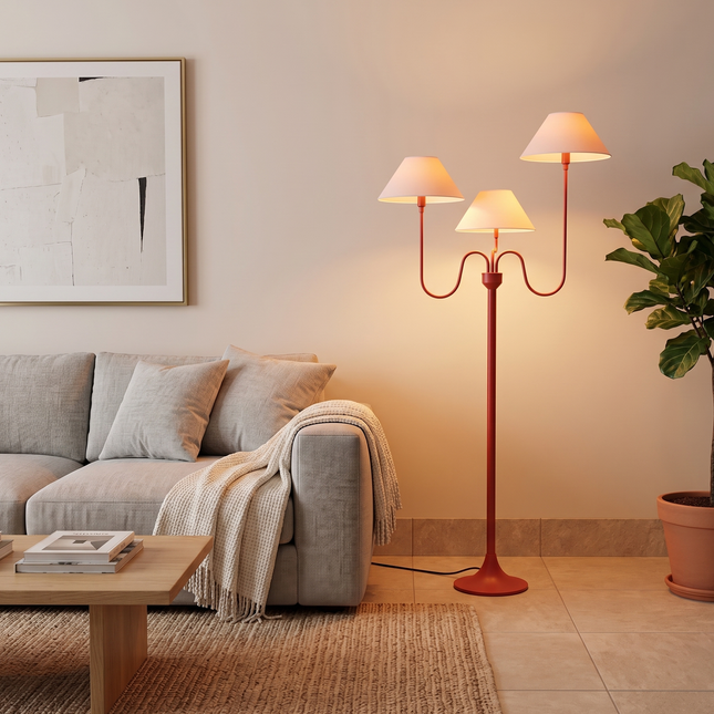 Floor Lamp with Modern Red 3-Light With Fabric Shades, Contemporary Statement Lighting for Living Room, Bedroom Corner, Reading Nook & Decor