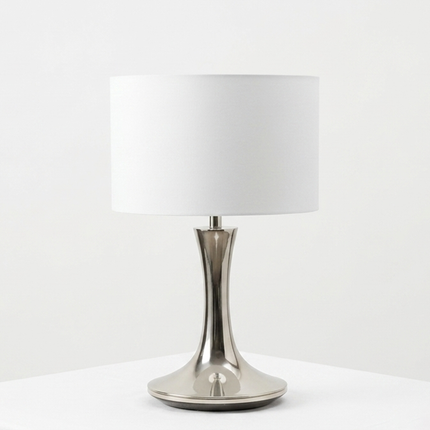 Table Lamp – Modern Metallic Silver Tulip Base Table Lamp with Large Fabric Drum Shade | Sophisticated Contemporary Interior Lighting