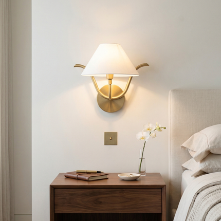 Wall Light Brushed Gold Modern Fabric Shade Wall Sconce, Luxury Brass Bedroom Bedside Lamp, Minimalist Lighting Fixture