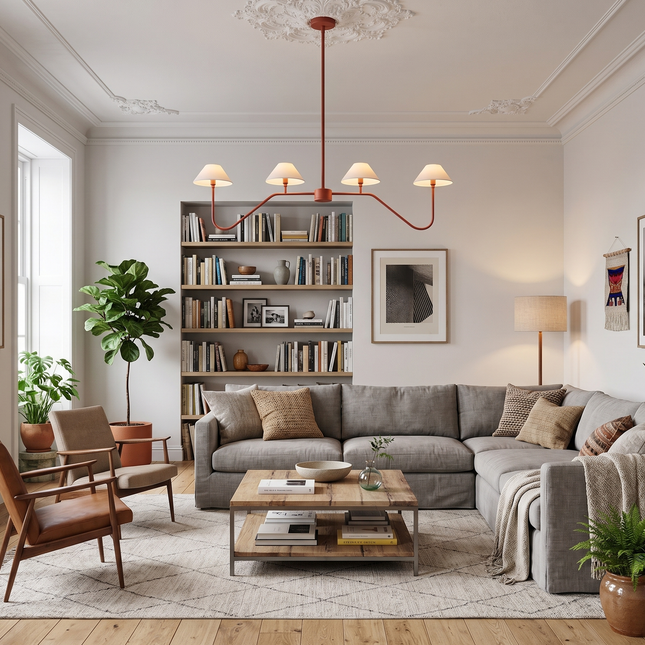 Chandelier Light – Modern Matte Red 4 Light Chandelier | Minimal Luxury Hanging Ceiling Light for Dining Room and Kitchen Island