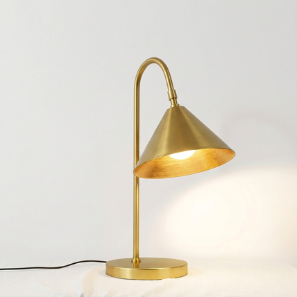 Table Lamp – Elegant Brushed Gold Cone Table Lamp with Curved Arm | Luxury Modern Reading and Office Lighting