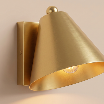 Gold Brass Wall Sconce, Modern Cone Wall Lamp, Mid Century Bedroom Light, Handmade Metal Wall Light, Bedside Light cone-shaped metal shade.