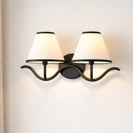 Wall Sconce Modern Curved Arm Double , Black Wall Lamp with White Shades, Bedside Reading Light, Living Room and Entryway Decor