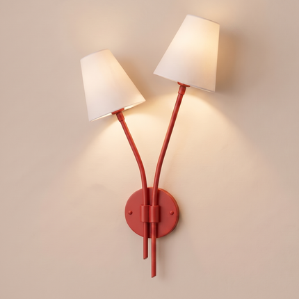 Wall Light Matte Red Designer Double Arm Sconce, Scandinavian Modern Wall Fixture with Elegant Cone Shades for Luxury Interior Styling