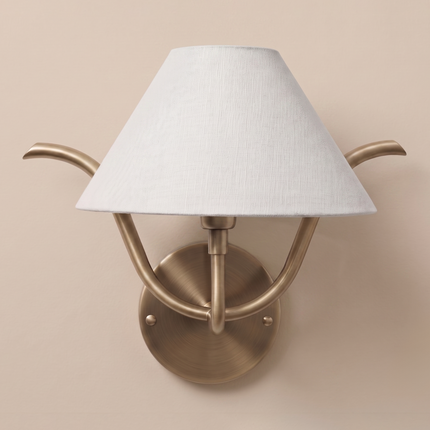 Antique Brass Wall Sconce, Light Wall Lamp, Curved Arm Lighting, White Fabric Shade, Modern Bedroom Sconce, Hallway & Living Room Light