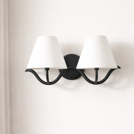 Wall Sconce with Modern Black Double White Fabric Shades, Bedroom Bedside Wall Lamp, Living Room, Hallway, Bathroom Vanity Light Fixture