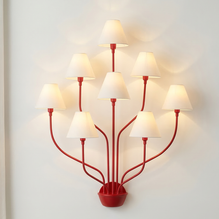 Wall Light – Bold Modern Red 8-Light Designer Wall Sconce with White Fabric Lampshades. Statement Wall Lighting Fixture for Luxury Interiors